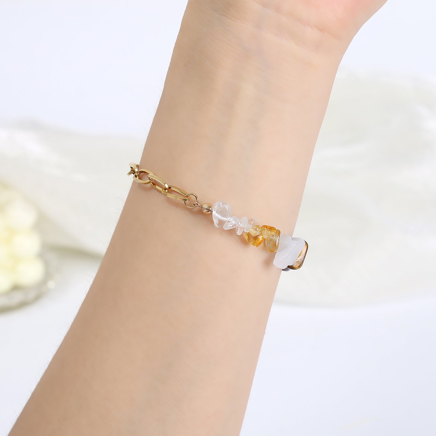 Natural Crystal Gravel and Stainless Steel Dual Bracelet